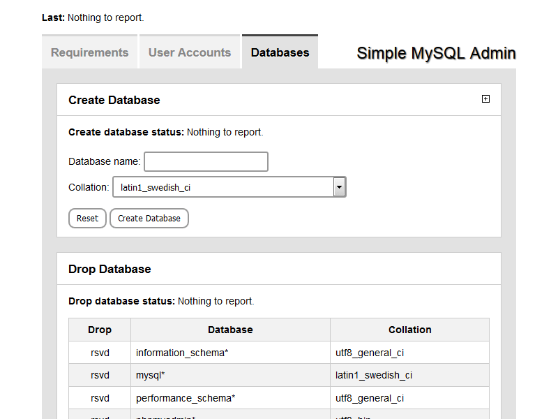 Simple MySQL Admin Databases Tab