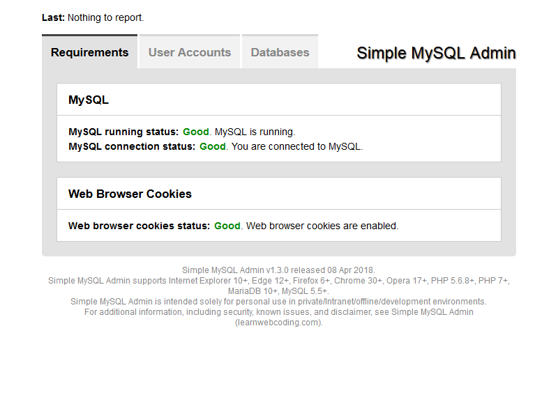 Simple MySQL Admin Requirements Tab