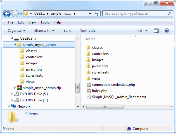 The contents of the extracted zip file.
