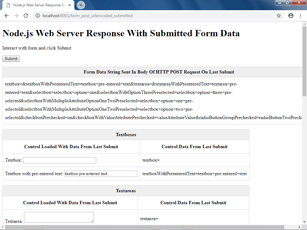 The Node.js web server response is a web page that displays the submitted form data.