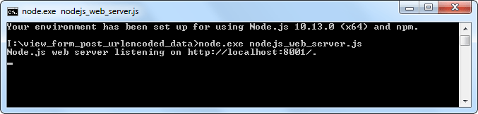 The Node.js web server started at the command prompt.
